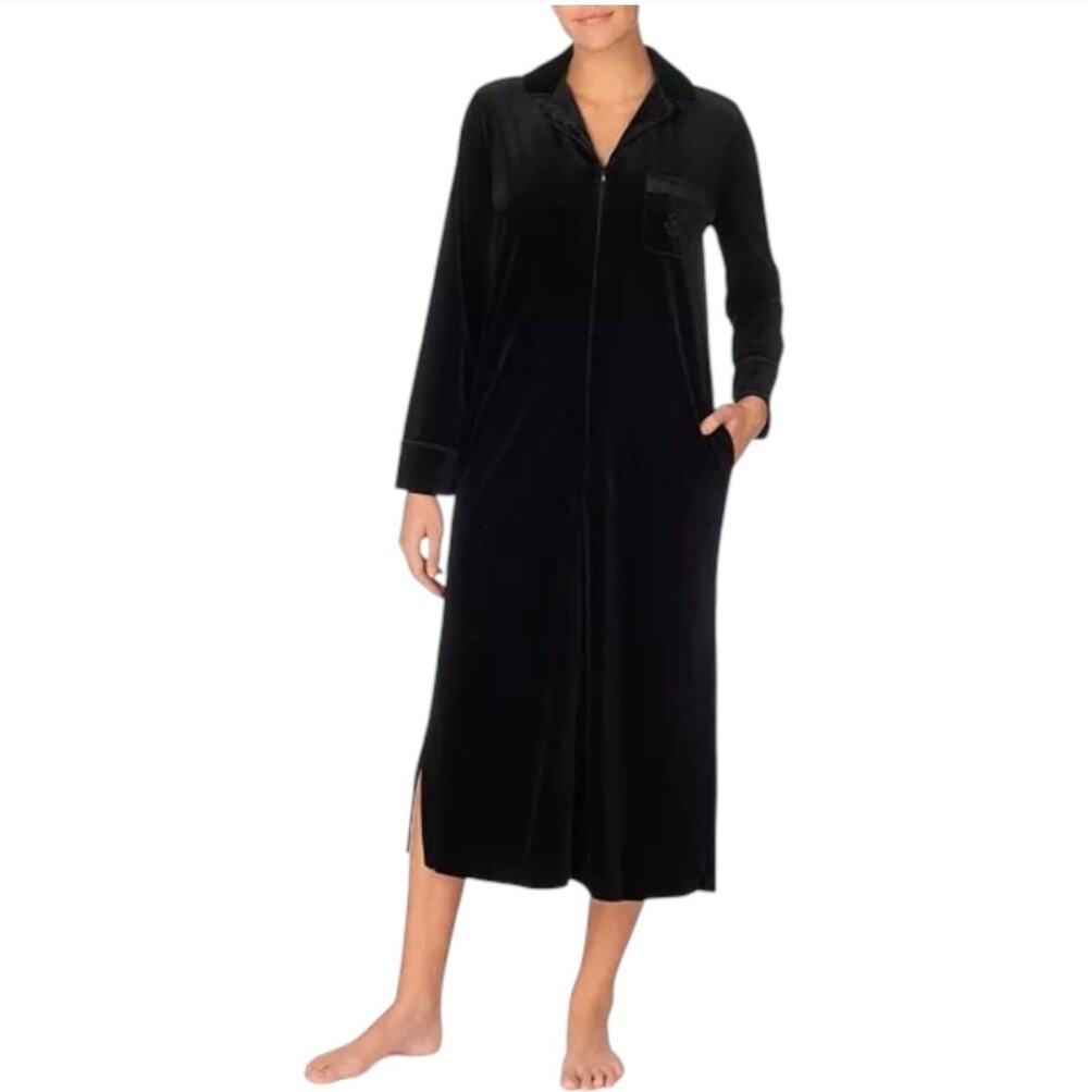 Ralph Lauren Loungewear Black Velour Zip Up Midi Housedress Robe Size 1X Velvet